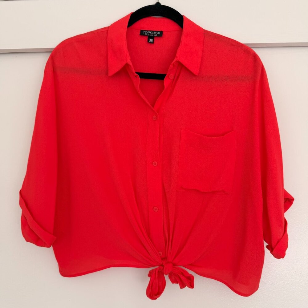 NWOT Topshop tie-front croppped blouse in coral red pink
